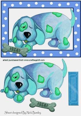 Funky Blue Painted Dog in Polkadot Frame with Bone