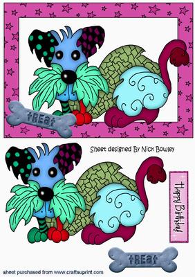 Lovely Toony Dog with Bone in Pink Star Frame