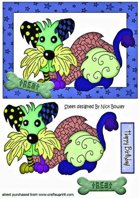 Lovely Toony Dog with Bone in Blue Star Frame