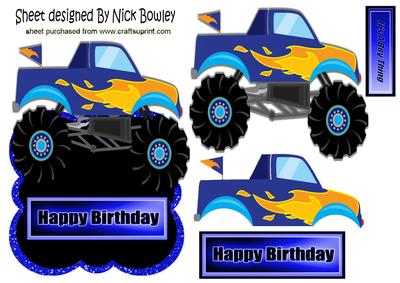 Blue Monster Truck with Flames Over the Edge