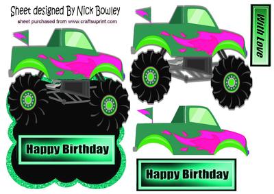 Green/pink Monster Truck with Flames Over the Edge