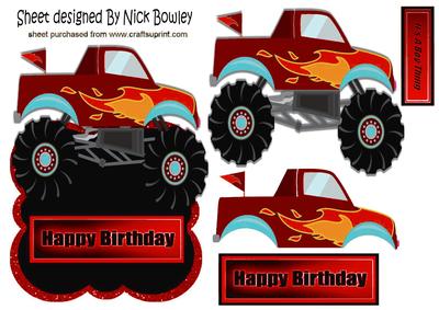 Red/orange Monster Truck with Flames Over the Edge