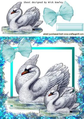 Beautiful Vintage Swans with Blue Flowers and Bow 8x8