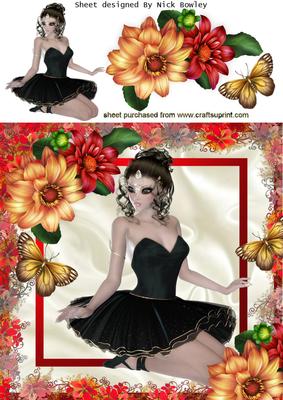 Ballerina in Floral Frame with Dahlias and Butterflies 8x8