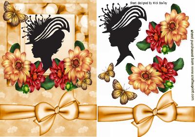 Vintage Silhouette Lady with Dahlias, Butterflies and Bow