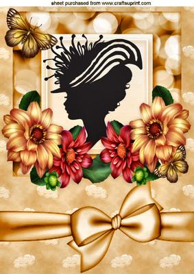 Vintage Silhouette Lady with Dahlias, Butterflies and Bow A4