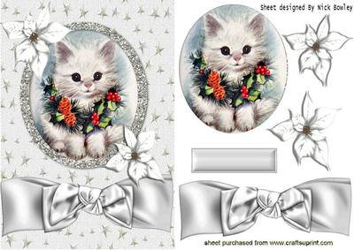 Little Kitten with Holly Wreath and Poinsettias