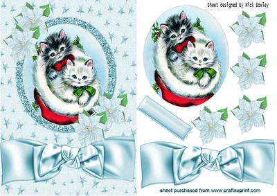 Kittens in Santa Hat with Ice Blue Bow & Poinsettias