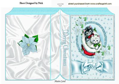 Kittens in Santa Hat with Ice Blue Bow & Poinsettias Book