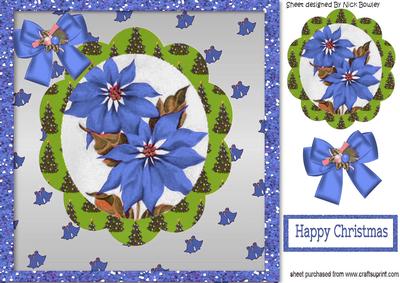 Blue Poinsettias with Bells in Scalloped Frame with Tree 8x8