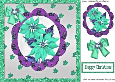 Turq Poinsettias with Bells in Scalloped Frame 8x8
