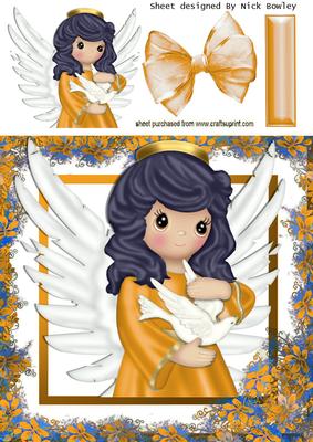 Sweet Angel in Gold Holding Dove in Flower Frame 8x8
