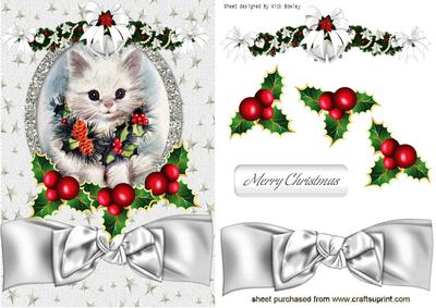 White Kitten with Holly and Berry Swag with Bow