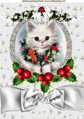 White Kitten with Holly and Berry Swag with Bow A4