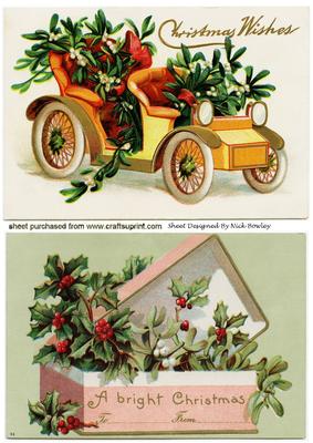Vintage Card Fronts of Car with Holly, and Holly& Berries