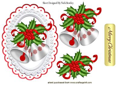 Silver Christmas Bells with Holly & Red Berries