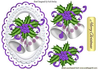 Silver Christmas Bells with Holly & Purple Berries
