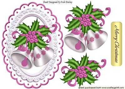 Silver Christmas Bells with Holly & Pink Berries