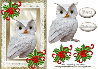 Snow Owl with Holly, Red Berries and Bow in Lace Frame