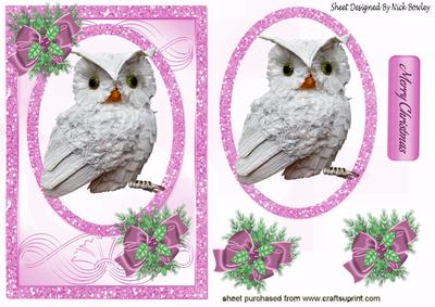 Snow Owl in Pink Glitter, with Pink Bow and Holly