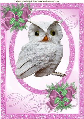 Snow Owl in Pink Glitter, with Pink Bow and Holly A4