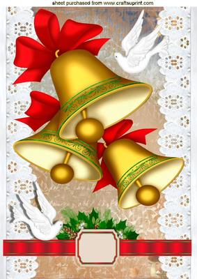 Gold Bells with White Lace, Red Bows, and Pretty Doves A4