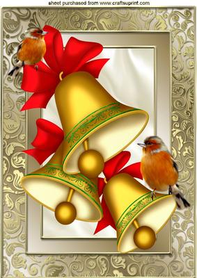 Robins and Gold Bells with Bows in Ornate Frame A4
