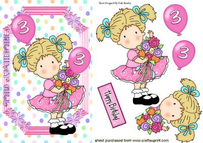 Sweet Birthday Girl Aged 3 with Balloons