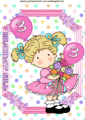 Sweet Birthday Girl Aged 3 with Balloons A4