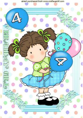 Sweet Birthday Girl Aged 4 with Balloons A4