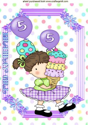 Sweet Birthday Girl Aged 5 with Balloons A4