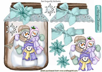 Lovely Snowman Family in Bobble Hats in a Jar
