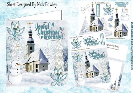 Winter White Snow Scene of Church with Trees 8x8 Mini Kit