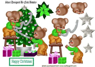 Little Bears Dressed in Green Dressing the Christmas Tree