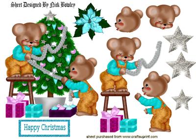 Little Bears Dressed in Turq Dressing the Christmas Tree