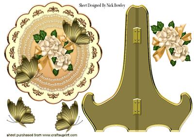 Peach and Gold Tones Flowers & Butterflies Plate & Stand