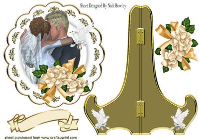 Kissing Wedding Couple, Peach Flowers & Dove on a Plate