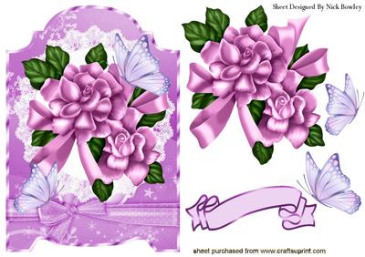 Pink Flowers on Lace with Butterflies & Bow