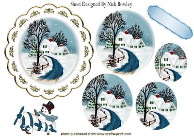 Snow Scene and Little Snowman on a Plate Topper Oval Pyramid