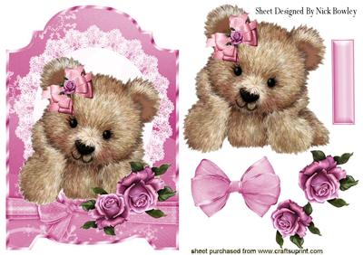 Cute Fuzzy Bear with Pink Roses and Bow