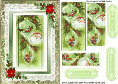 Christmas Baubles of Santa on Lace with Poinsettias Pyramids