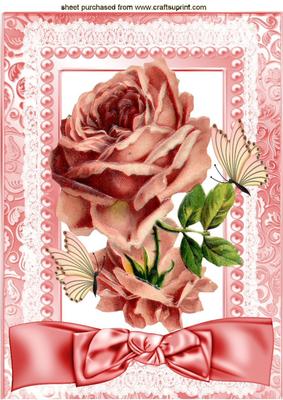Vintage Pink Roses with Lace, Pearls & Buterflies A4
