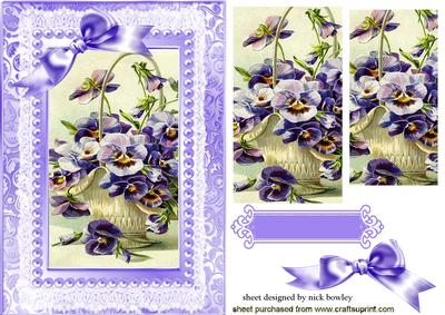 Purple Pansies in a Basket, with Lilac Bow, and Lace Pyramid