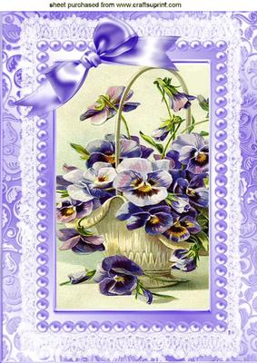Purple Pansies in a Basket, with Lilac Bow, and Lace A4
