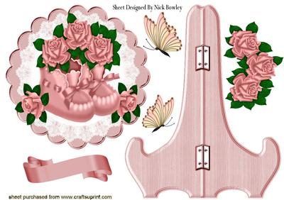 Blush Pink Baby Bootees, with Pink Roses & Butterflies Plate