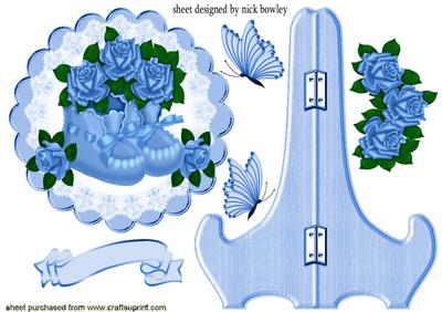 Baby Blue Bootees, with Blue Roses & Butterflies Plate