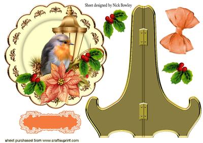 Robin with Lamp, Poinsettias and Bow Plate & Stand