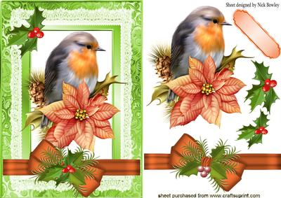 Lovely Robin with Holly and Bow, on Lace