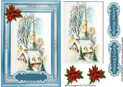 Pretty Church in the Village, Lovely Snow Scene Card ,topper