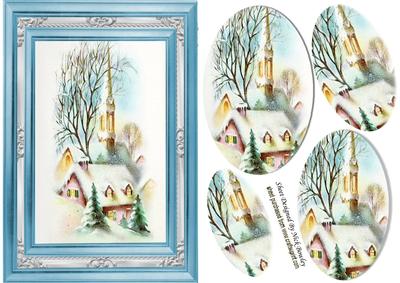 Pretty Church in the Village, Lovely Snow Scene Oval Pyramid